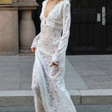 Vestido maxi sexy ajustado en encaje jacquard transparente