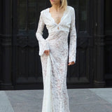 Vestido maxi sexy ajustado en encaje jacquard transparente