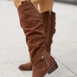 Botas altas de mujer – Ante – Tacón bajo – Punta redonda – Cierre de cremallera – Correa ajustable