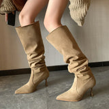Botas altas para mujer - Tacón de aguja - Ante elegante - Tiras decorativas