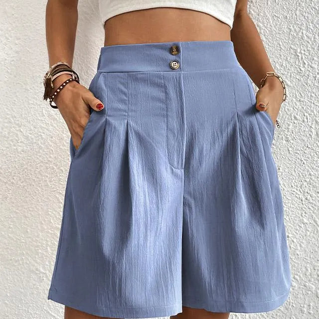 Shorts de cintura alta para mujer - Corte elegante - Cintura abotonada - Bolsillos laterales
