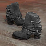 Botines de mujer – Piel auténtica – Tacón bloque – Punta redonda – Estilo western con tiras