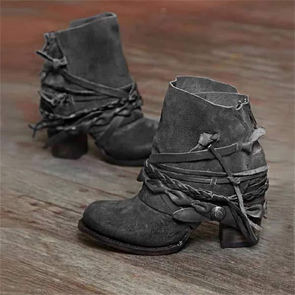 Botines de mujer – Piel auténtica – Tacón bloque – Punta redonda – Estilo western con tiras