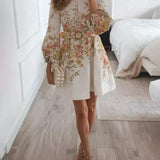 Vestido corto de mujer – Fibras naturales – Corte evasé – Mangas abullonadas – Abotonado – Estampado floral