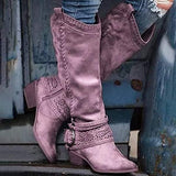 Botas altas para mujer – efecto ante – bordado – tira con hebilla – tacón bloque