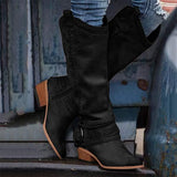 Botas altas para mujer – efecto ante – bordado – tira con hebilla – tacón bloque