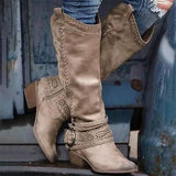 Botas altas para mujer – efecto ante – bordado – tira con hebilla – tacón bloque