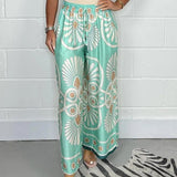 Pantalones Palazzo para mujer - Cintura alta - Anchos y fluidos - Estampado elegante - Cordón ajustable