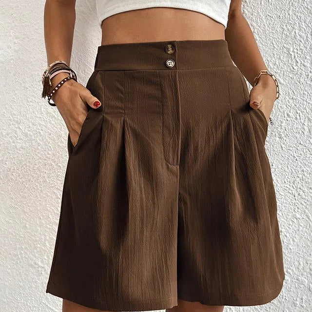 Pantalones cortos de mujer - Cintura alta - Corte holgado y fluido - Botones elegantes - Con bolsillos