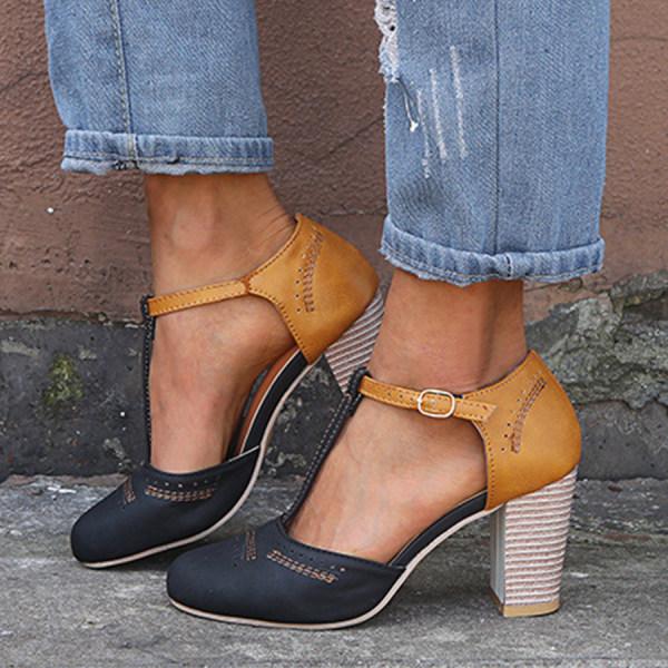 Zapatos de salón para mujer – Tira en T – Acabado de ante – Tacón cuadrado – Puntera perforada – Hebilla