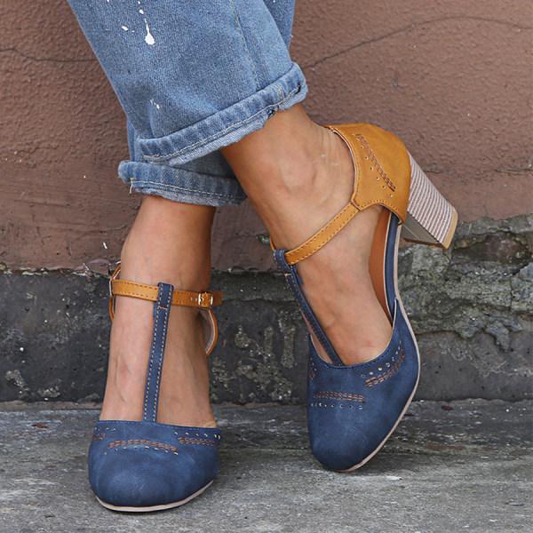 Zapatos de salón para mujer – Tira en T – Acabado de ante – Tacón cuadrado – Puntera perforada – Hebilla