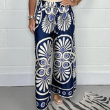 Pantalones Palazzo para mujer - Cintura alta - Anchos y fluidos - Estampado elegante - Cordón ajustable