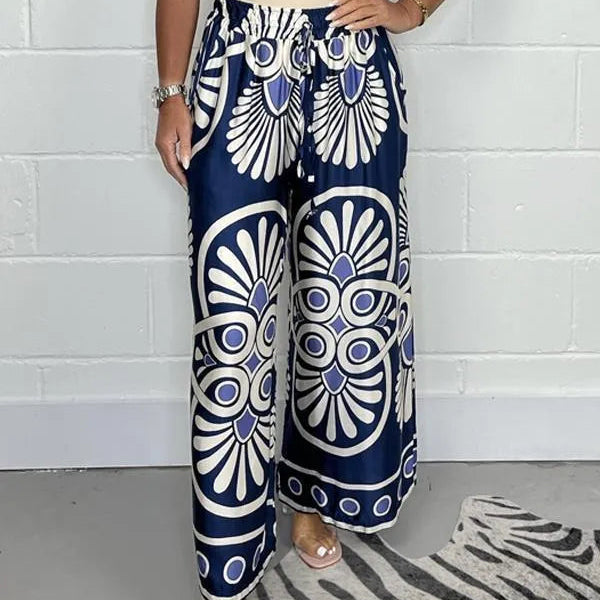 Pantalones Palazzo para mujer - Cintura alta - Anchos y fluidos - Estampado elegante - Cordón ajustable