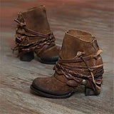 Botines de mujer – Piel auténtica – Tacón bloque – Punta redonda – Estilo western con tiras