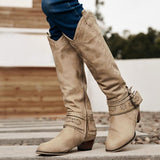 Botas altas para mujer – efecto ante – bordado – tira con hebilla – tacón bloque