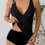 Tankini para mujer – Escote pronunciado – Tirantes anchos – Corte ajustado – Cobertura total