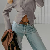 Blusa fruncida con cuello de ante color caqui