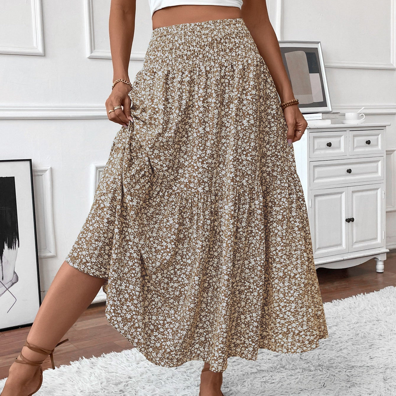 Falda larga de mujer - Cintura elástica - Estampado de volantes - Estampado floral