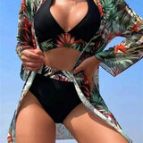 Conjunto de kimono de tres piezas con cintura alta y espalda descubierta