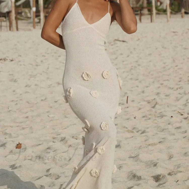 Elegante vestido midi con flores de punto