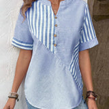 Blusa de mujer - Algodón ligero - Cuello en V redondo con abertura - Mangas cortas - Estilo casual