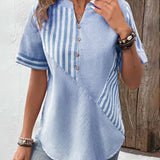 Blusa de mujer - Algodón ligero - Cuello en V redondo con abertura - Mangas cortas - Estilo casual