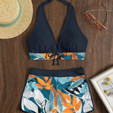 Conjunto de dos piezas con espalda abierta y estampado de hojas anudadas