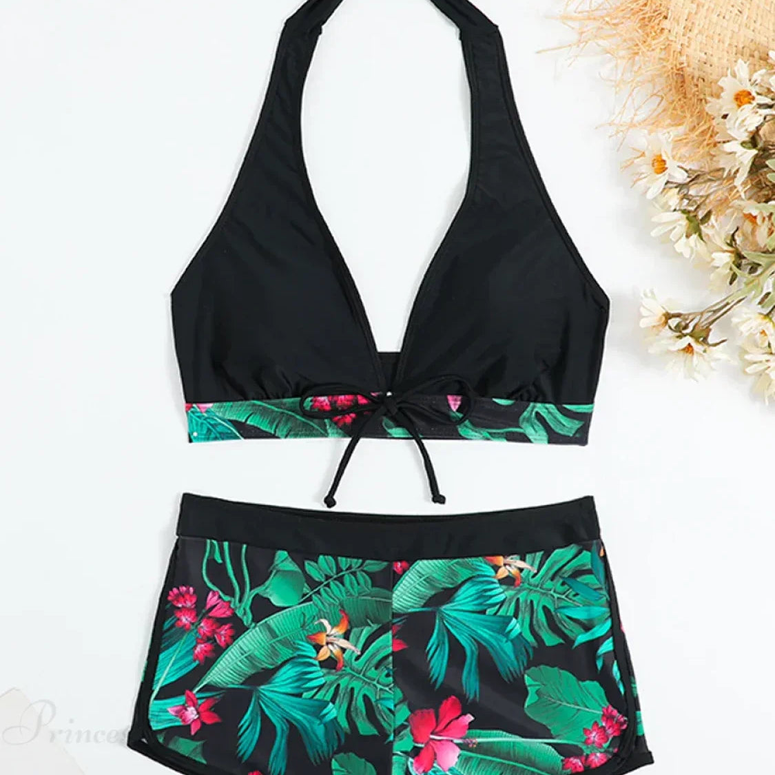 Conjunto de dos piezas con espalda abierta y estampado de hojas anudadas