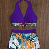 Conjunto de dos piezas con espalda abierta y estampado de hojas anudadas
