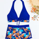 Conjunto de dos piezas con espalda abierta y estampado de hojas anudadas