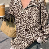 Sudadera con cuello en V, manga larga y estampado de leopardo con media cremallera