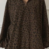 Sudadera con cuello en V, manga larga y estampado de leopardo con media cremallera