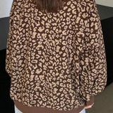 Sudadera con cuello en V, manga larga y estampado de leopardo con media cremallera