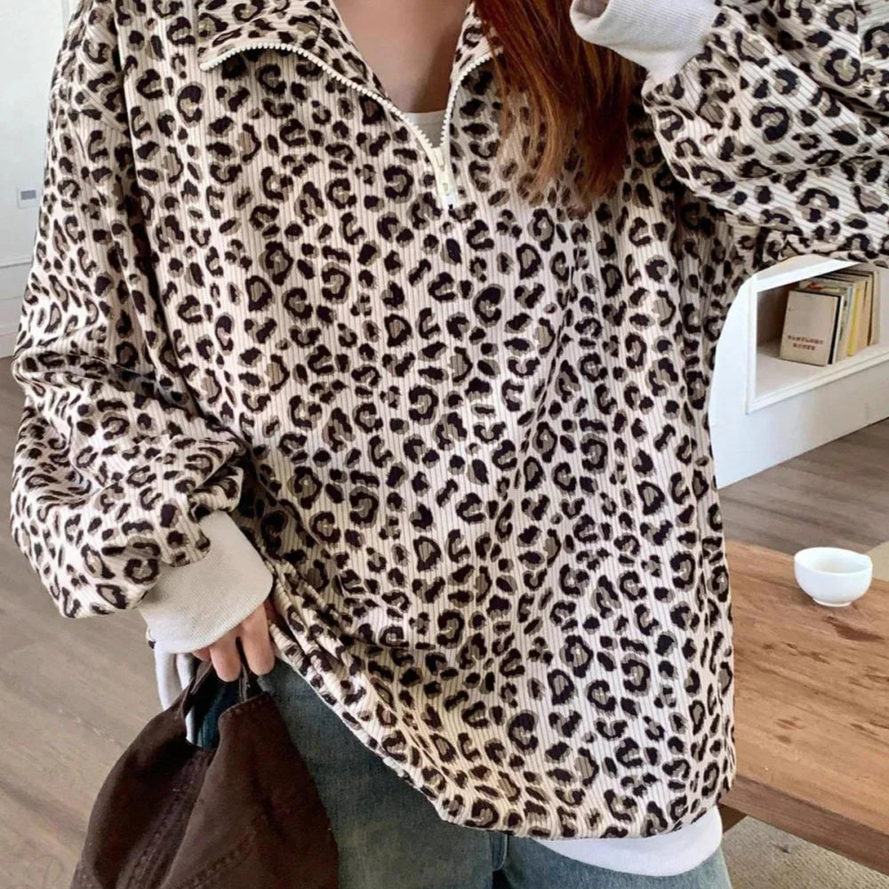 Sudadera con cuello en V, manga larga y estampado de leopardo con media cremallera