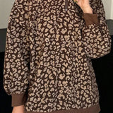 Sudadera con cuello en V, manga larga y estampado de leopardo con media cremallera
