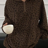 Sudadera con cuello en V, manga larga y estampado de leopardo con media cremallera