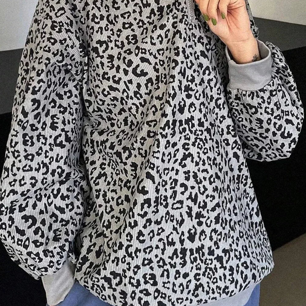Sudadera con cuello en V, manga larga y estampado de leopardo con media cremallera