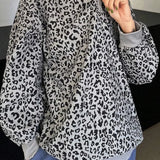 Sudadera con cuello en V, manga larga y estampado de leopardo con media cremallera