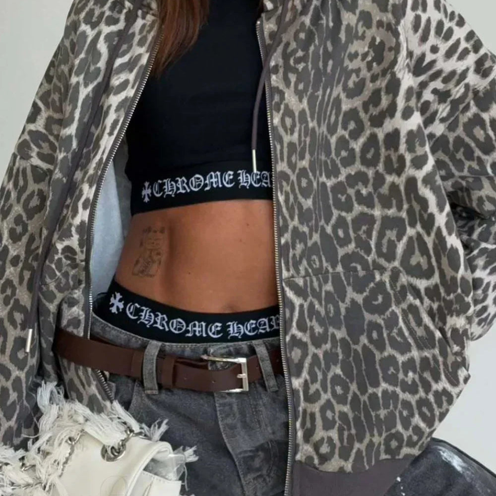 Sudadera con capucha y cremallera con estampado de leopardo y bloques de color