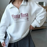 Sudadera casual de cuello convertible con estampado de letras y media cremallera