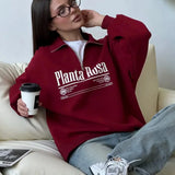 Sudadera casual de cuello convertible con estampado de letras y media cremallera