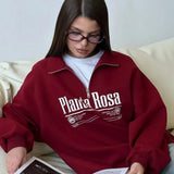Sudadera casual de cuello convertible con estampado de letras y media cremallera