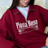 Sudadera casual de cuello convertible con estampado de letras y media cremallera