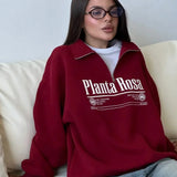Sudadera casual de cuello convertible con estampado de letras y media cremallera