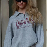 Sudadera casual de cuello convertible con estampado de letras y media cremallera