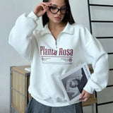 Sudadera casual de cuello convertible con estampado de letras y media cremallera