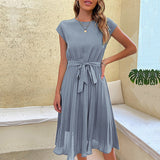 Vestido midi de manga corta para mujer - Cinturón de lazo - Falda plisada fluida