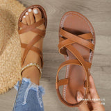 Sandalias de mujer - Tiras cruzadas de piel sintética - Suela plana cómoda - Punta abierta