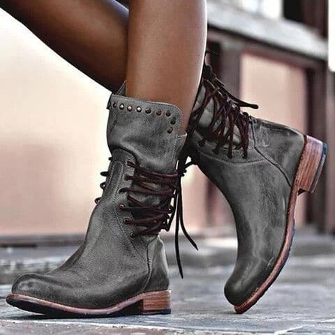 Botas de media caña para mujer – piel lisa – cierre con ojales – tachuelas metálicas vintage