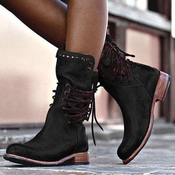 Botas de media caña para mujer – piel lisa – cierre con ojales – tachuelas metálicas vintage